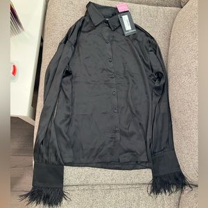 Brand new Pretty Little Thing Black Silk Pajama Set with fringe, size 2